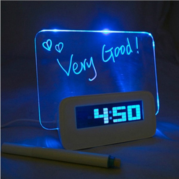 Blue LED fluorescent message board alarm clock Calendar Digital Hub night light free shipping