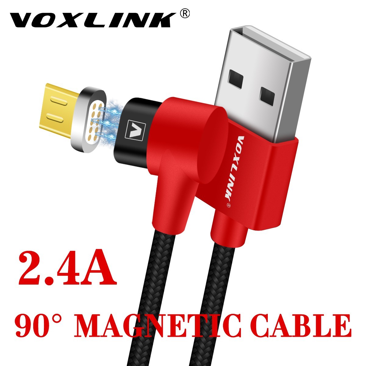 VOXLINK 90 Degree Magnetic Cable mirco usb Right Angle 2.4A Fast Charging Nylon USB Charger Cable for Huawei xiaomi Samsung LG-red