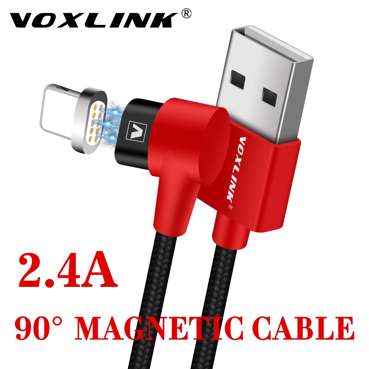 VOXLINK 90 Degree Magnetic Cable Right Angle 2.4A Charging Nylon USB Charger Cable for iPhone x 8 7 6 5 Plus-red