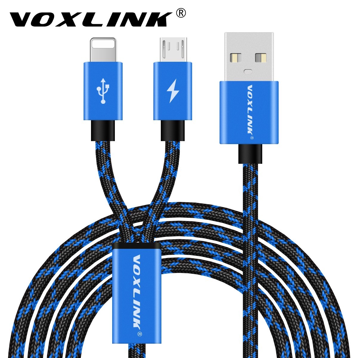 Voxlink 3 in 1 Multi Connector Cable Micro USB Type-C iOS Universal Interface Android iOS Compatible Durable Nylon Braided Charge Data Transfer Wire