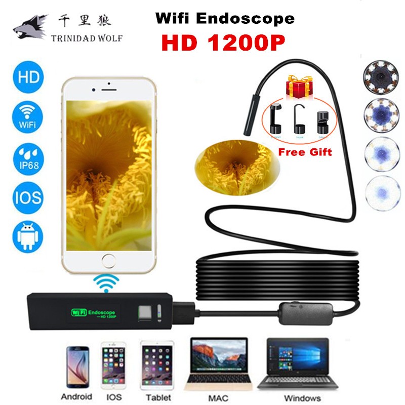 Wifi Endoscope Camera 1200P 8mm for iphone Android Windows MAC Borescope Waterproof IP68 Tube Inspection Endoscope-soft 2M